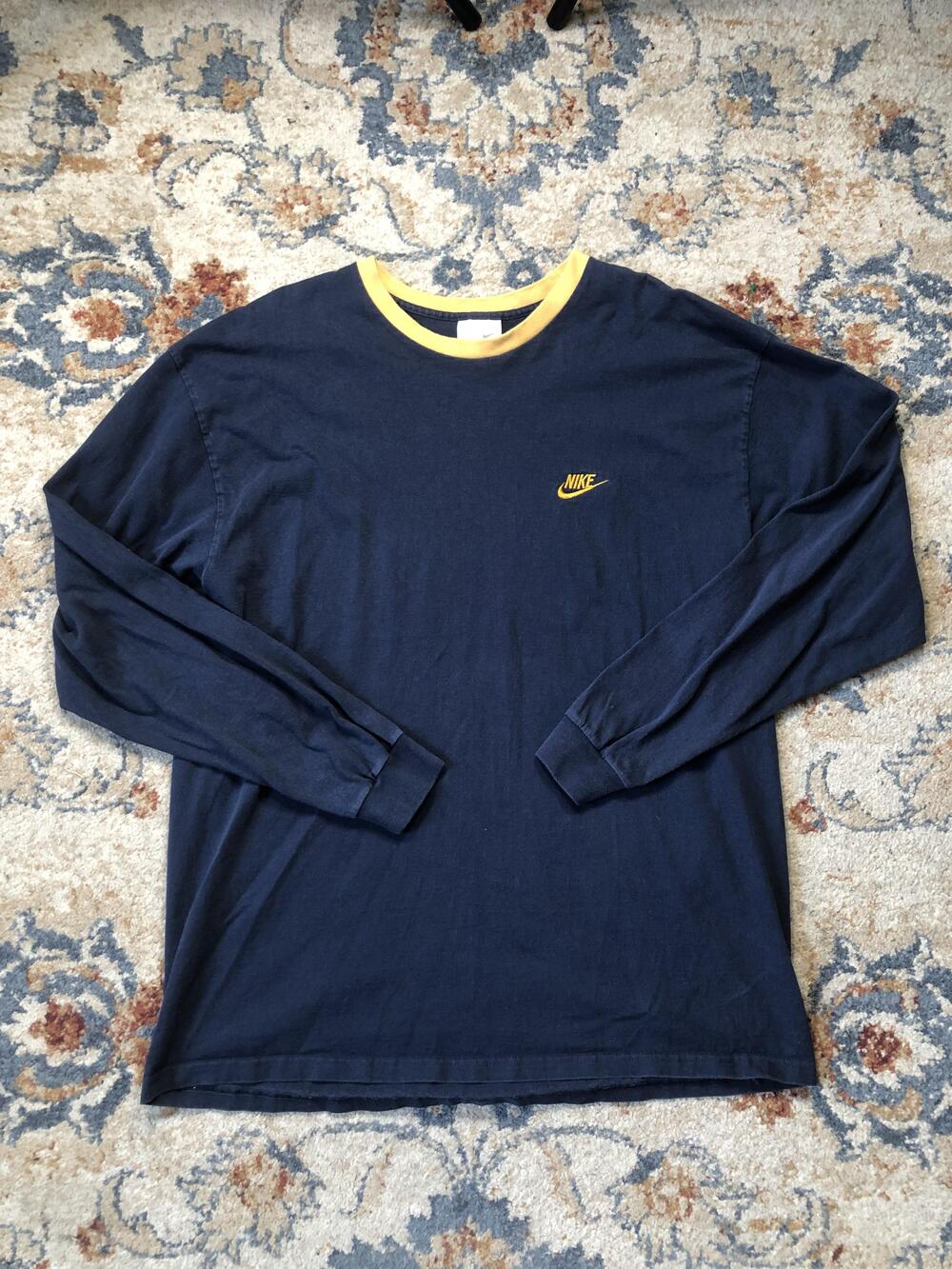 Nike Shirt Mens XL Navy Blue Yellow Long Sleeve Crewneck Swoosh Athletic
